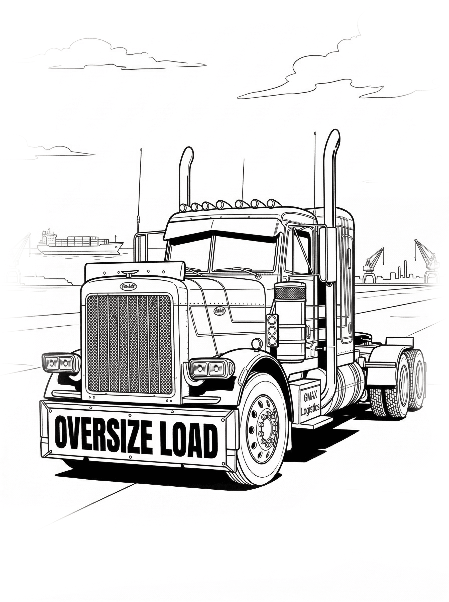 Line illustration of a semi-truck with oversize load banner and logistics scenery