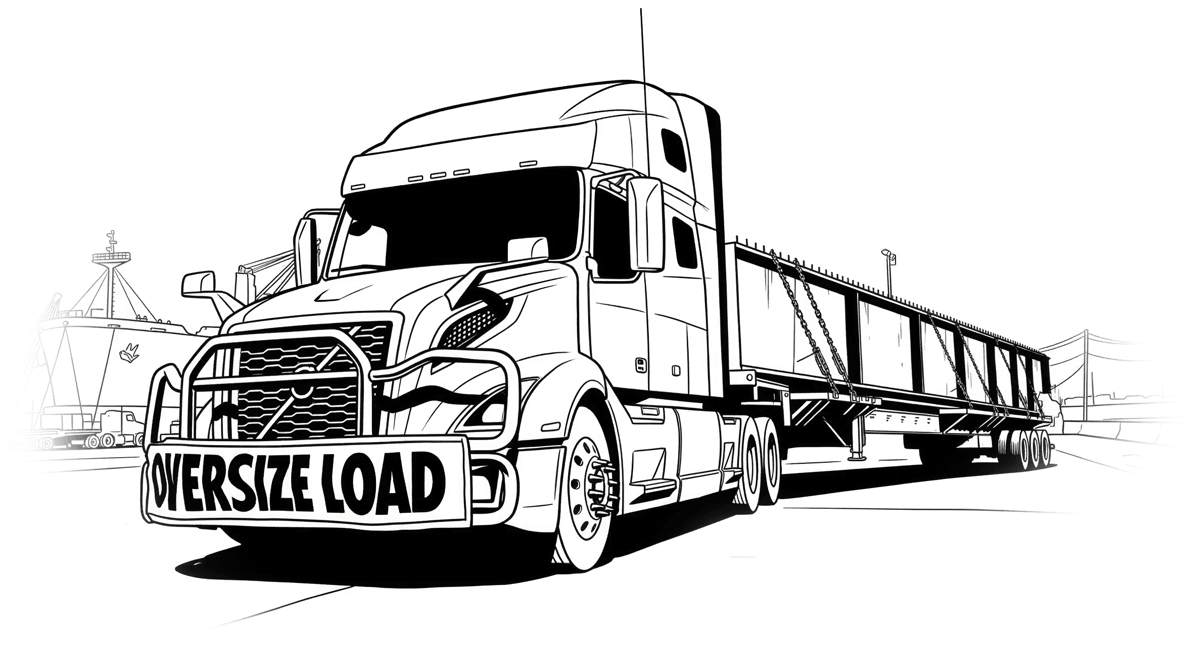 Line illustration of a semi-truck with oversize load banner on the cab